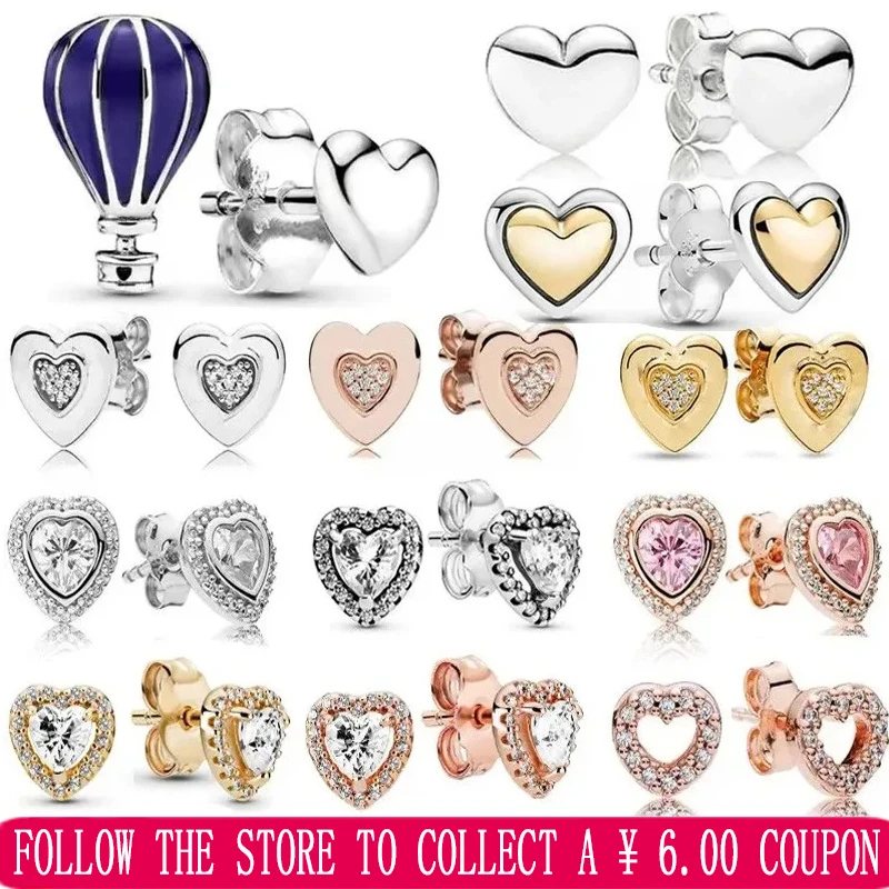 Ladies Gift 925 Sterling Silver Hollow Heart shaped Earrings Sparkling Hot Air Balloon Earrings Original Logo Women's Jewelry