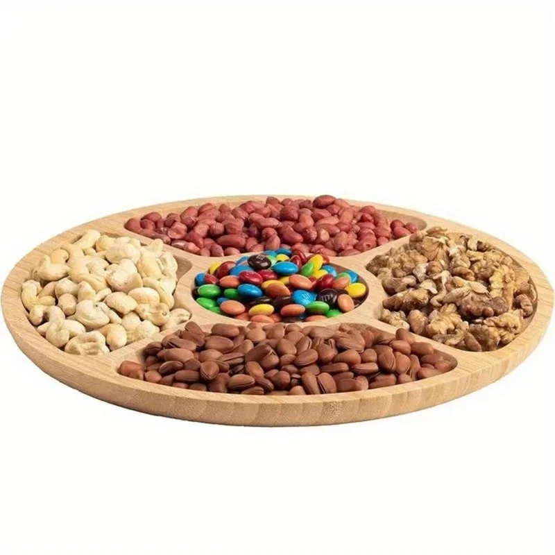 Wooden Divided Serving Trays Bamboo Fruit Tray with 5 Compartments Round Serving Tray for Party Dishes Snacks Dried Fruits 3