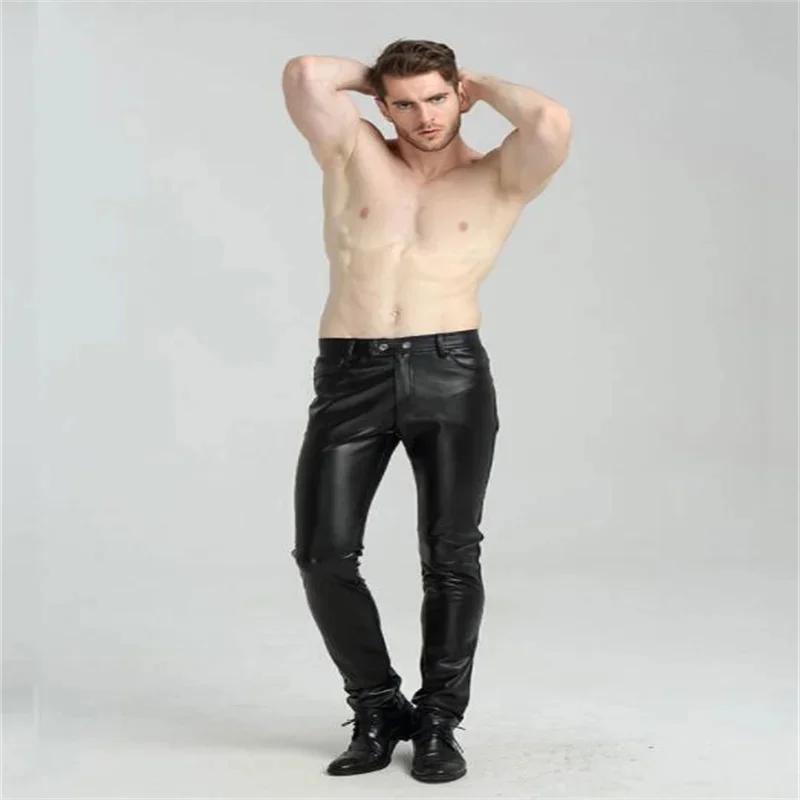 

Thin motorcycle pu trousers men's leather pants elastic dance slim fit feet tight-fitting korean waterproof red white singer