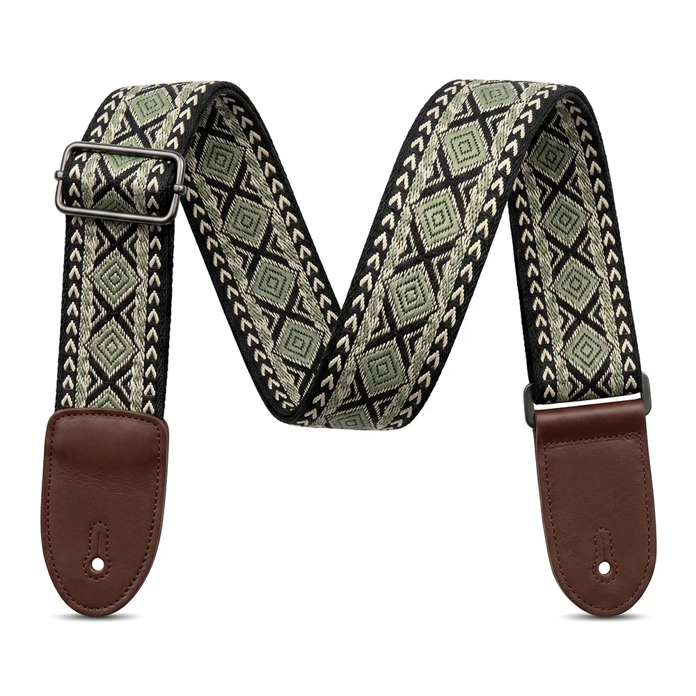 Embroidered Adjustable Guitar Strap with Leather Ends