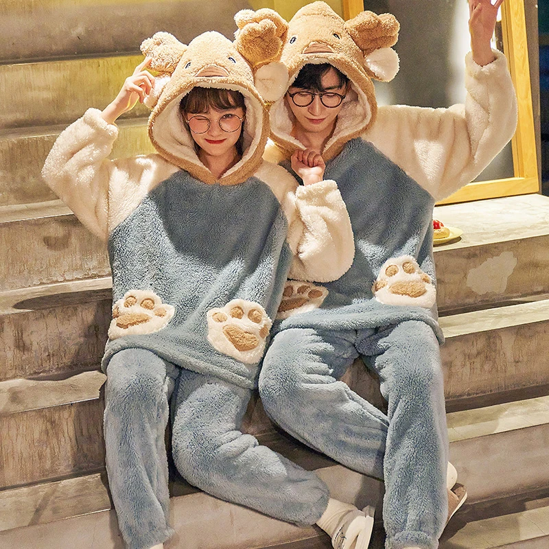 

Women Men Pajamas Sets Winter Thicken Warm Pyjamas Couples Sleepwear Cartoon Bear Korean Lovers Homewear Soft Pijama Hooded