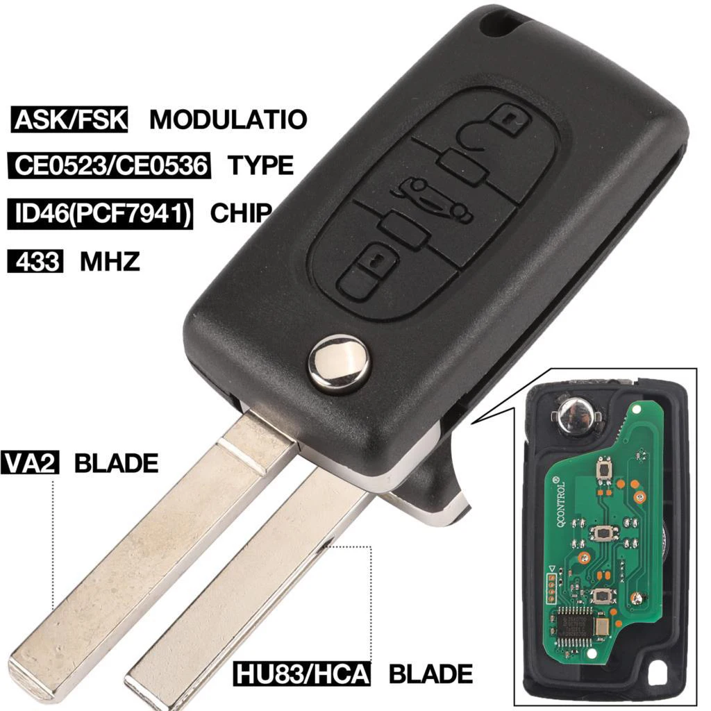 

jingyuqin 433Mhz ID46 ASK FSK Car Key For peugeot 207 307 407 208 308 408 607 Partner Remote Key 3 Buttons CE0523 Ce0536