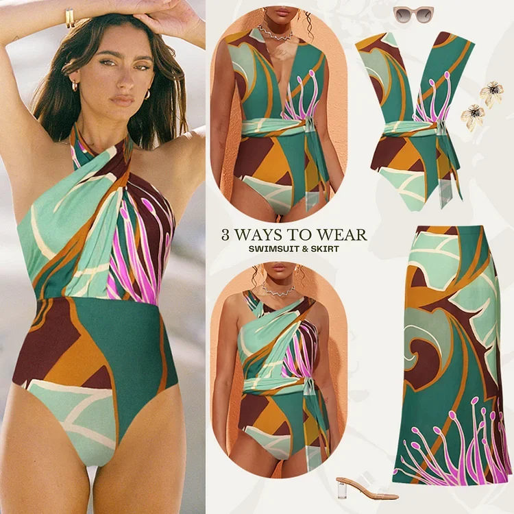 2024 Women's swimsuit  Halter Printed One Piece Swimsuit and Skirt Summer Swimwear Women Beachwear  Clearance Wholesale