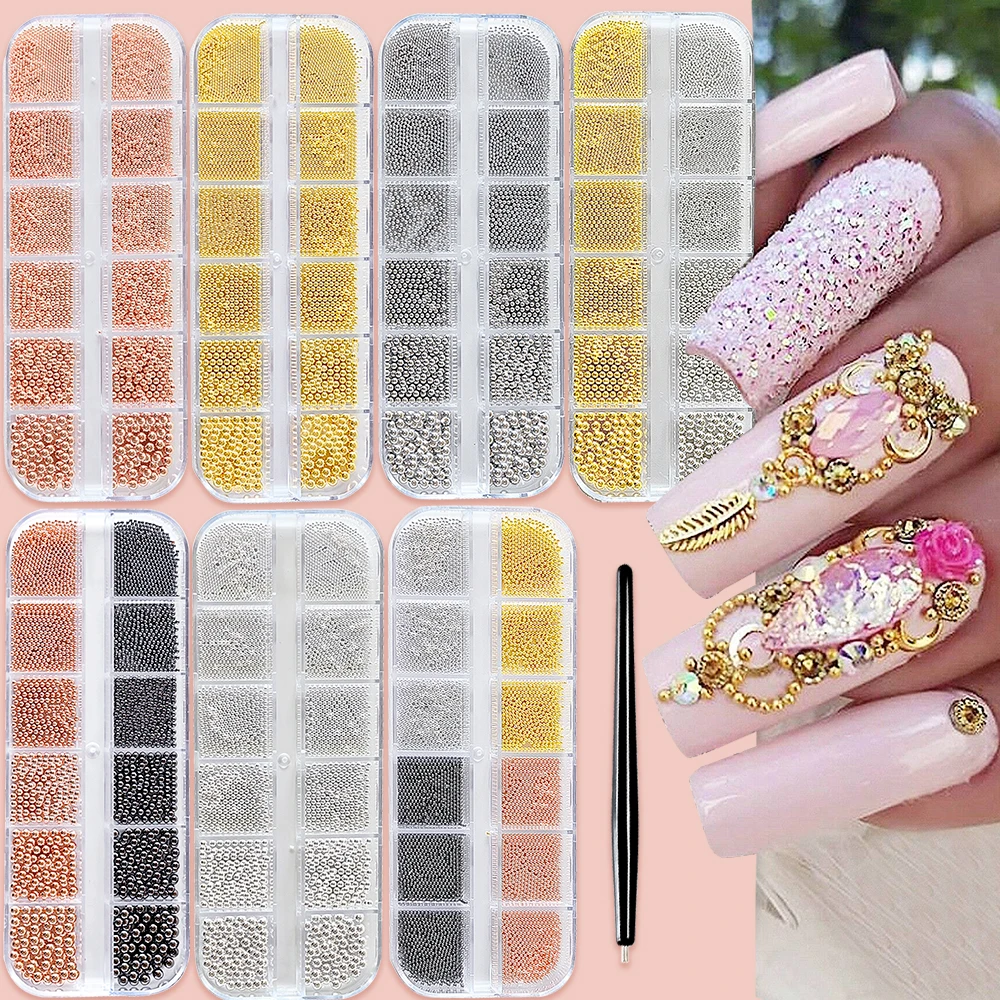 12 Gitter Gold/Silber Stahlperlen Nail Art Charms Weihnachten Mixed-Size Kaviarperle mit 1 Magnetstift Maniküre Dekor Strasssteine