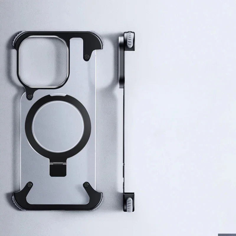 

Phone Case For iPhone 14 13 15 Pro Max Plus Aluminum Alloy Lens Protection Frosted Back Cover Magnetic Metal Stand Rimless Matte