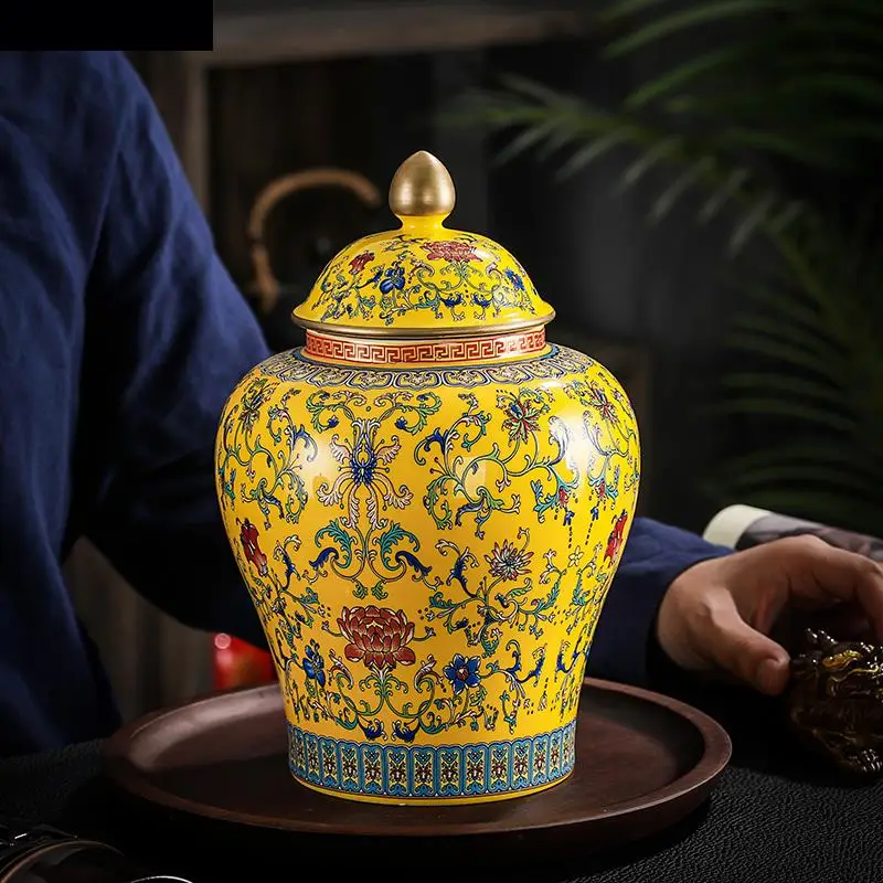 

Creative Painted Flower Ceramic Tea Caddy Art Flower Vase Large-capacity Sealed Storage Jar with Lid Countertop Porch Decoration