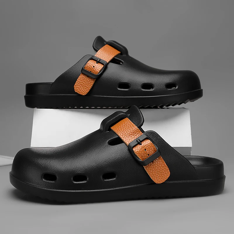 Summer Shoes for Men Lightweight EVA Sandals Solid Color Fashion Slippers for Men Anti-skid Soft Garden Clogs with Buckle Strap