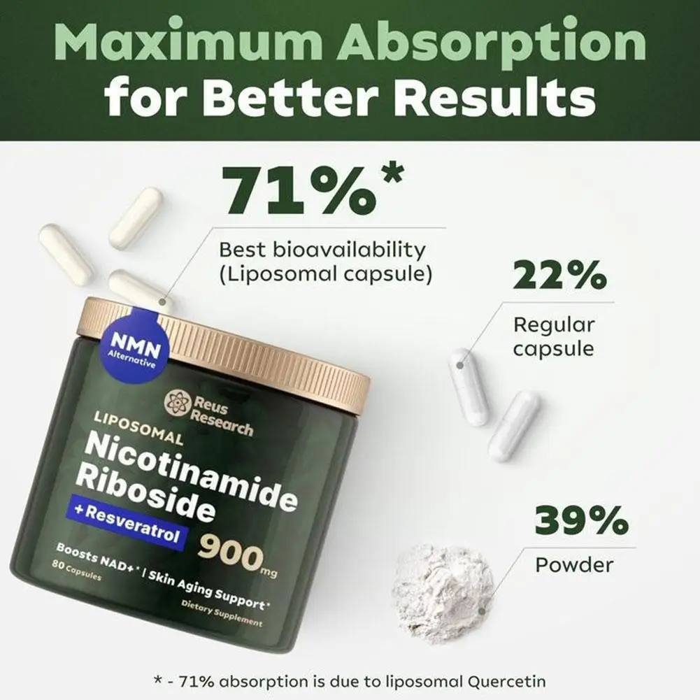 NAD+ Supplement Capsules Liposomal Nicotinamide Riboside Capsules 900mg With Resveratrol 3 Bottles 80pcs/Bottle nad supplements