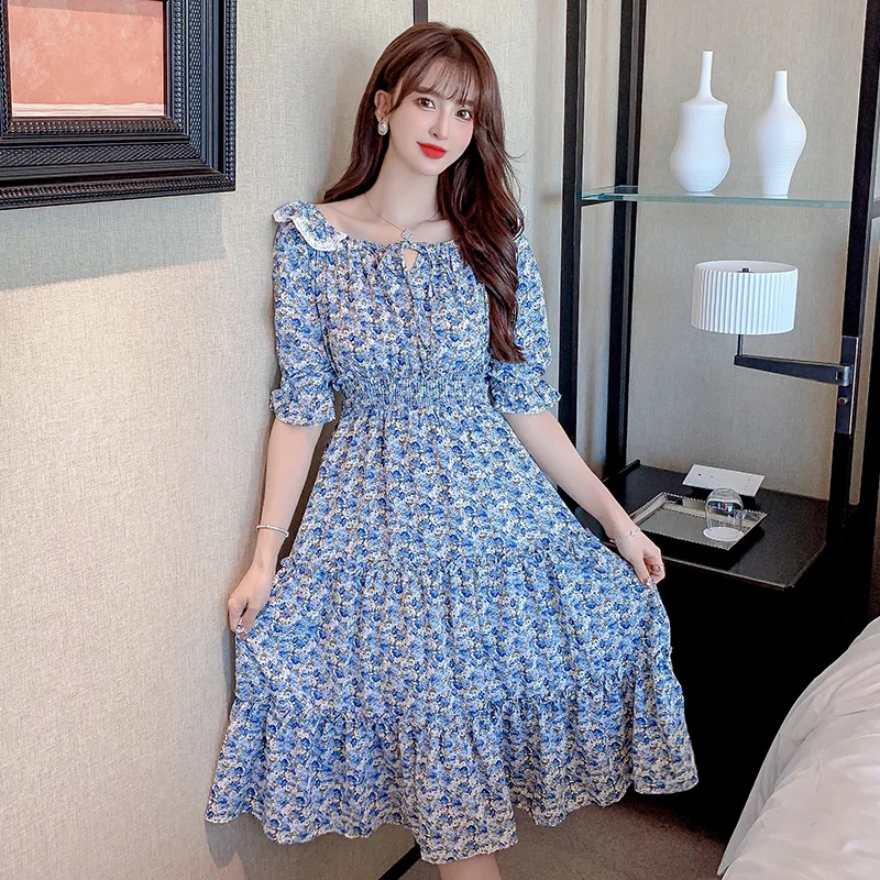 

Spring And Summer 2022 New Sweet Style Floral Dress French Lace One-line Neck Waist Thin A-line Skirt Free Shipping