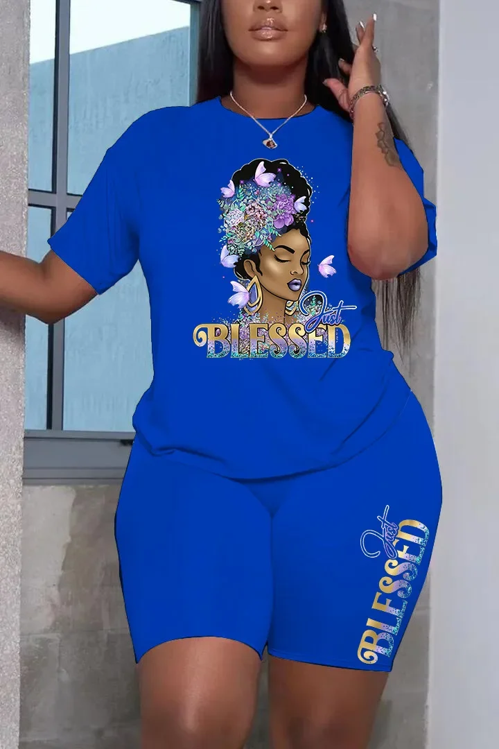 Summer Women\'s Suit Fashion Positioning Print Casual Short Sleeve Top Shorts Plus Size Two Piece Set Tracksuits 2 Pieces Outfit