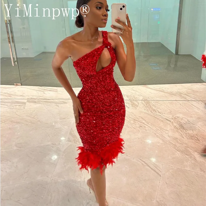 fitted lace wedding dress Wine Sequin Ostrich Feather Strapless Tea Length Custom Prom Dress