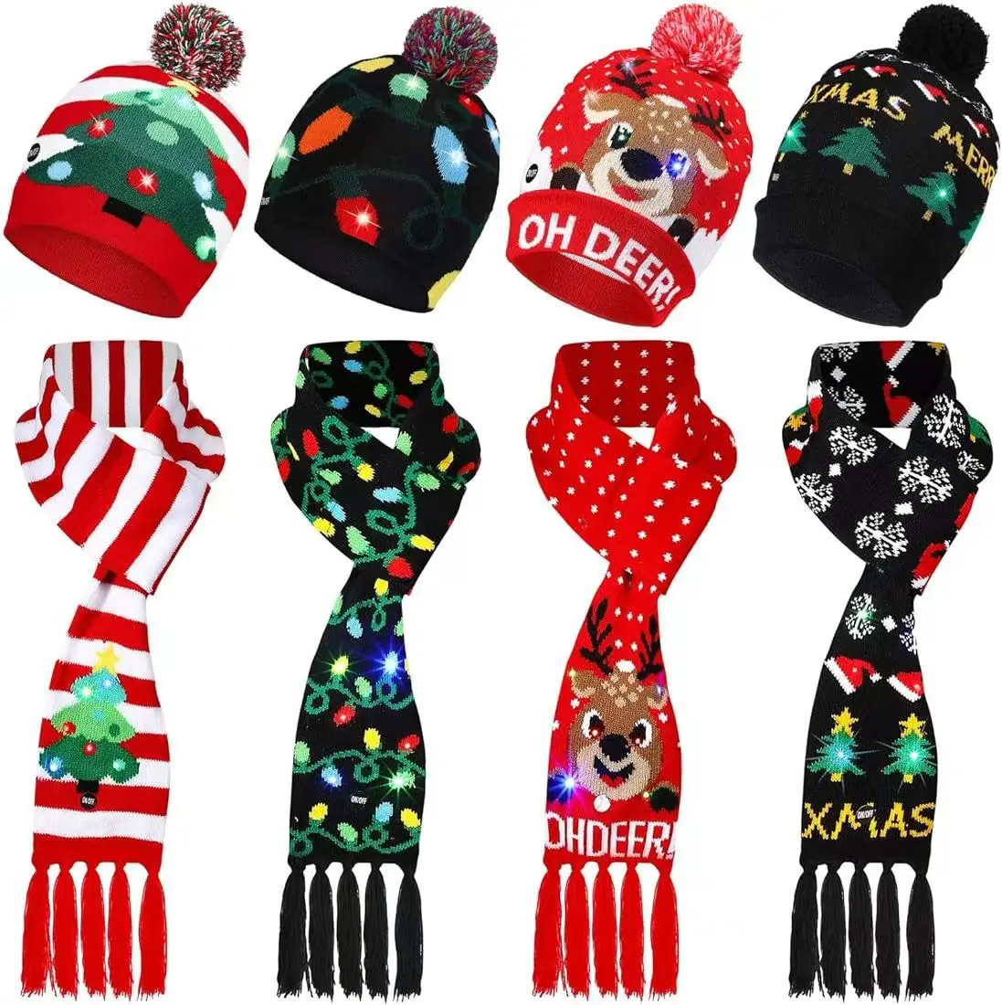 2025 Cute LED Christmas Hat And Scarf Color 6 Leds Flashing Winter Warm Yarn Knitted Cap Christmas Gift For Xmas Party Decor
