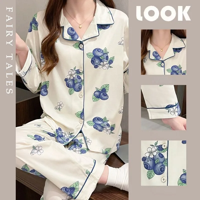 2024 New Pajama Women Summer Spring Autumn Sleepwear Long Sleeved Thin Cute Loungewear Oversized Cardigan Homewear Two-piece Set
