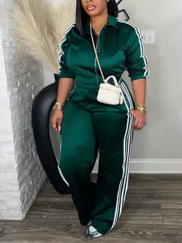 Women’s 2 Piece Tracksuit Set Zip-Up Top + High Waist Pants Side Stripe Casual Outfit 1