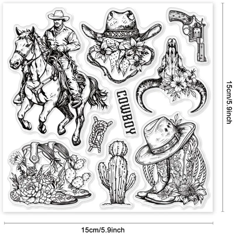 Cowboy Clear Stamps for Cards Making Wild West Clear Stamp Seals 5.91x5.91inch Transparent Stamps for DIY Scrapbooking 1Sheet clear stamps,clear rubber stamps