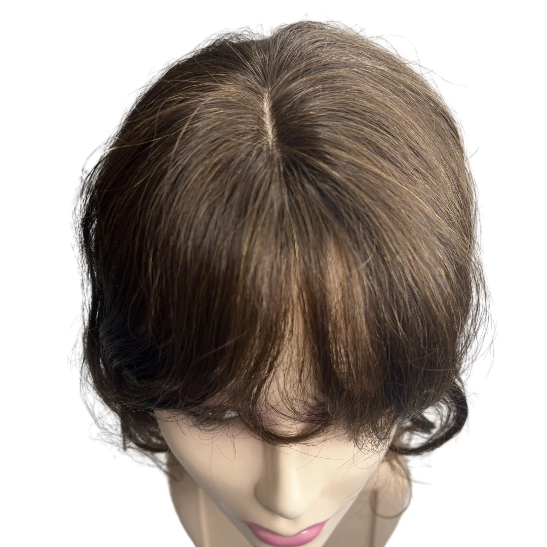 Curly Wavy Human Hair Toppers with 3D Bangs for Women 35 cm Middle Part Clip-in Hairpiece Extension With Skin Scalp 10x12 cm