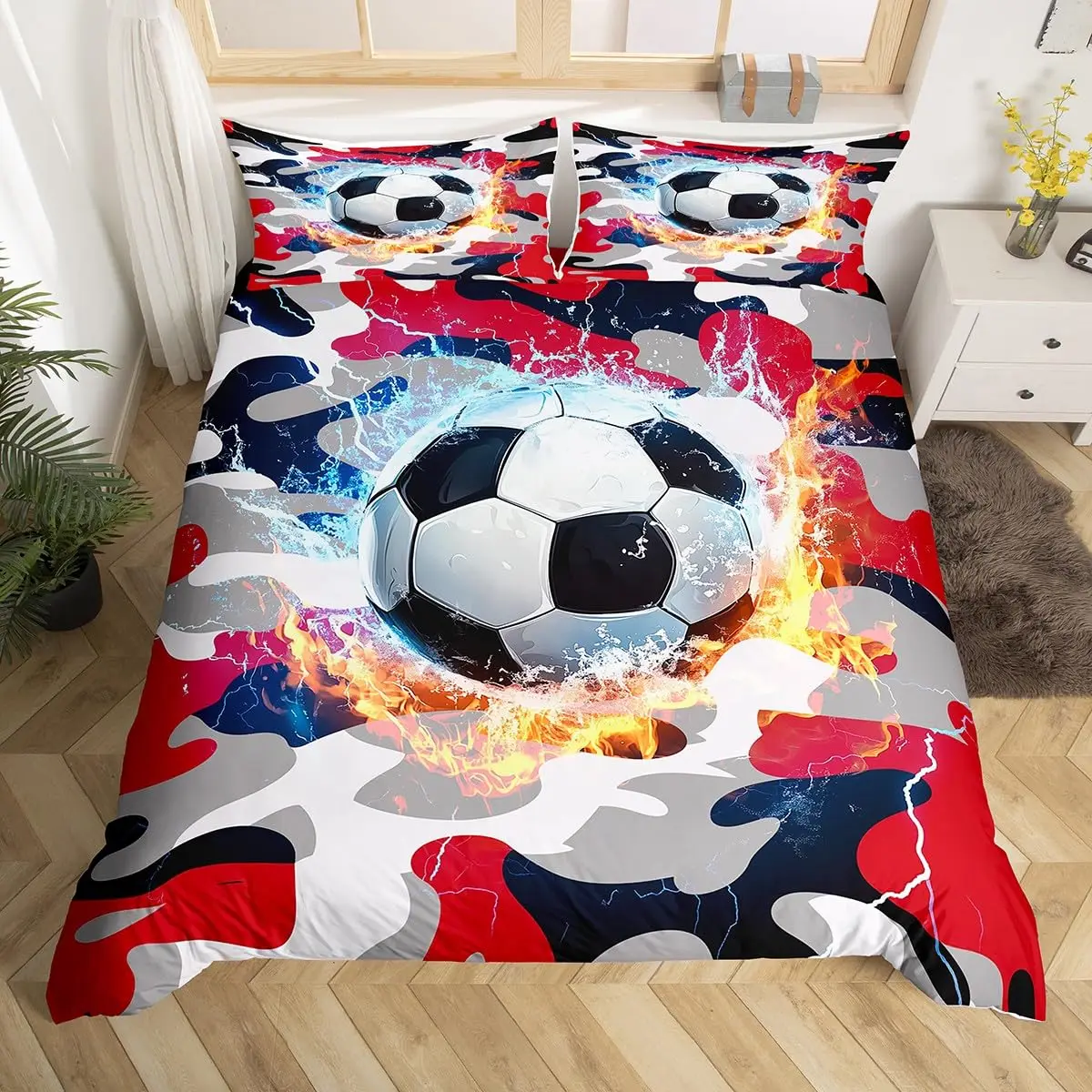 Cartoon Soccer Duvet Cover Set Printed Football Bedding Sets for Kids Boys Girls Bedroom Decor Sports Theme Comforter Cover Set 4