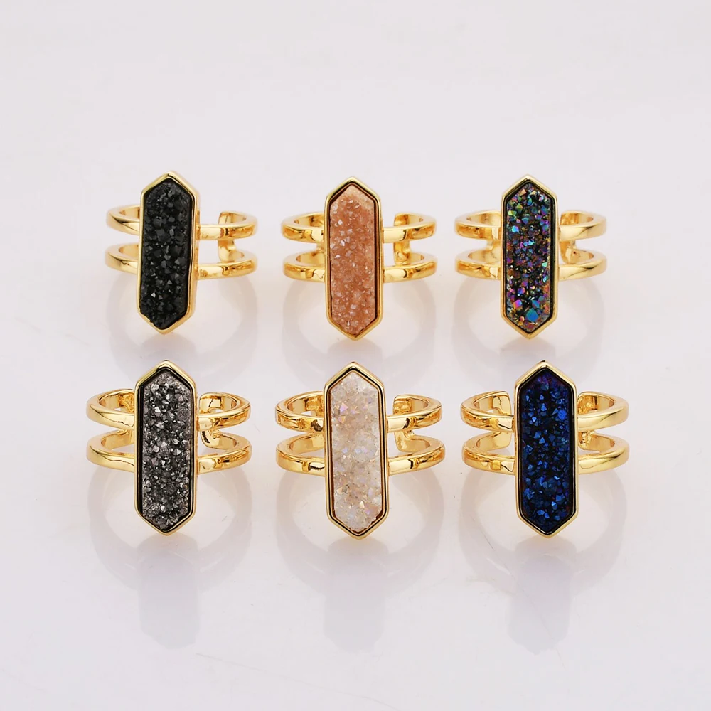 

BOROSA 5 Pcs Geometry Druzy Rings 18K Gold Plated Agate Stone Double-Layer Finger Ring For Women Men Adjustable Jewelry Gifts