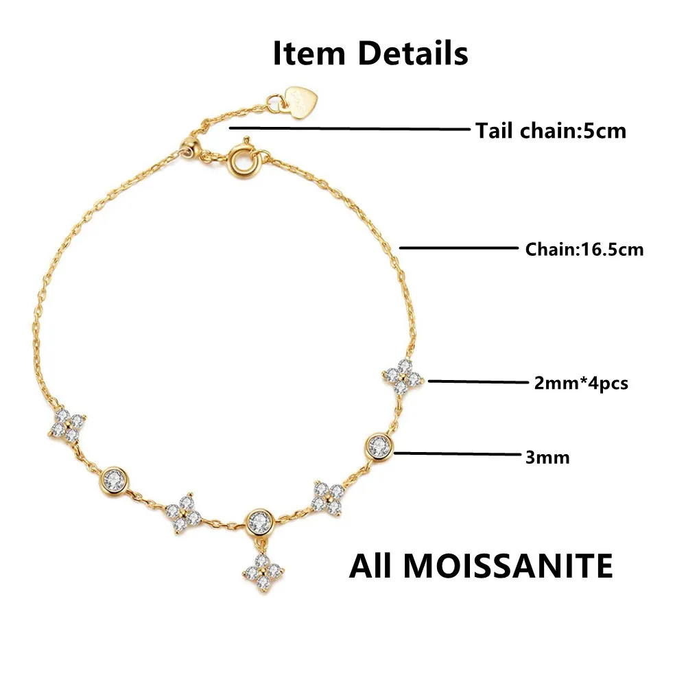 Lnngy-pulsera de moissanita con certificado para mujer, brazalete de Plata de Ley 925 con flor de cuatro hojas, cadena ajustable, tendencia 2023