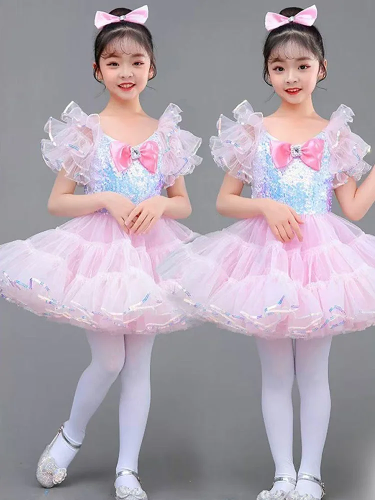 Kids Ballroom Clothing Sequined Modern Dance Tutu Dress Girls Jazz Dance Costume Stage Wear Toddler Wedding Princess Dress