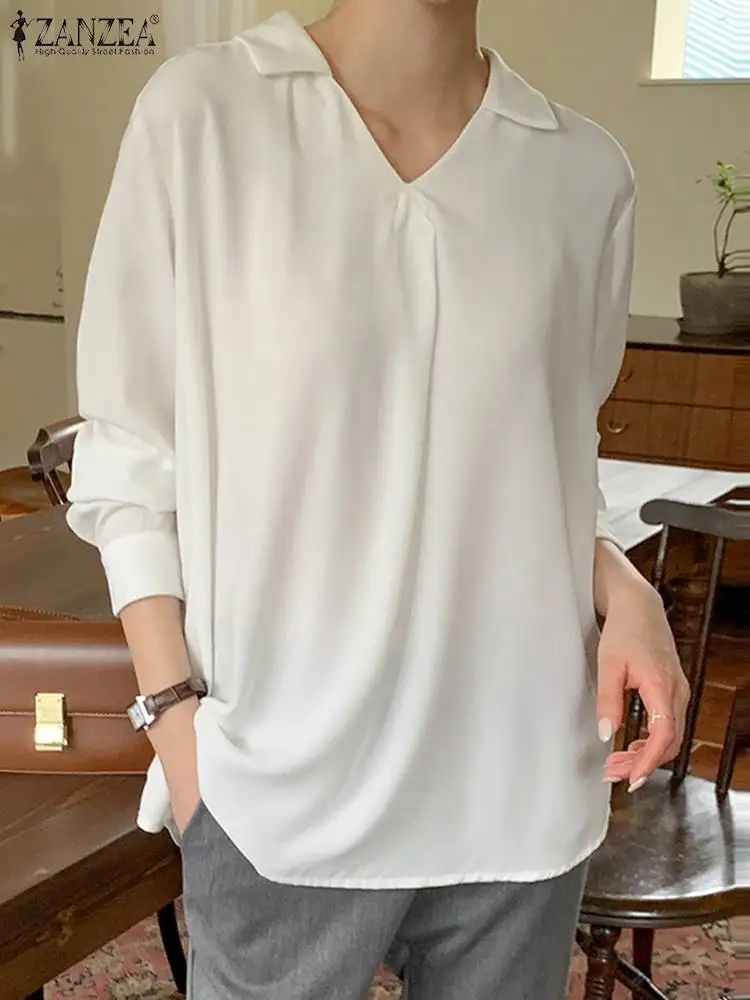 

ZANZEA Women Long Sleeve Shirt 2024 Elegant Lapel V Neck Blouses Casual Loose Solid Color Tops Spring Office Lady Pleats Tunics