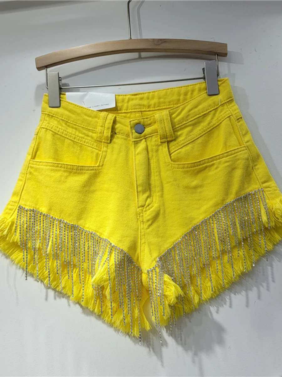 Heavy Industry Hot Rhinestone Tassel Chain Denim Shorts Women 2023 Summer New Slim Slimming Blue Jeans Shorts Female Short Pants