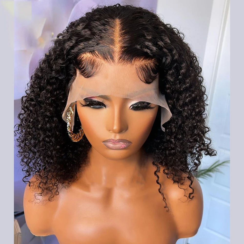 

Soft Preplucked Natural Black Short Bob Kinky Curly Long Lace Front Wig 180%Density For Black Women With BabyHair Glueless Daily