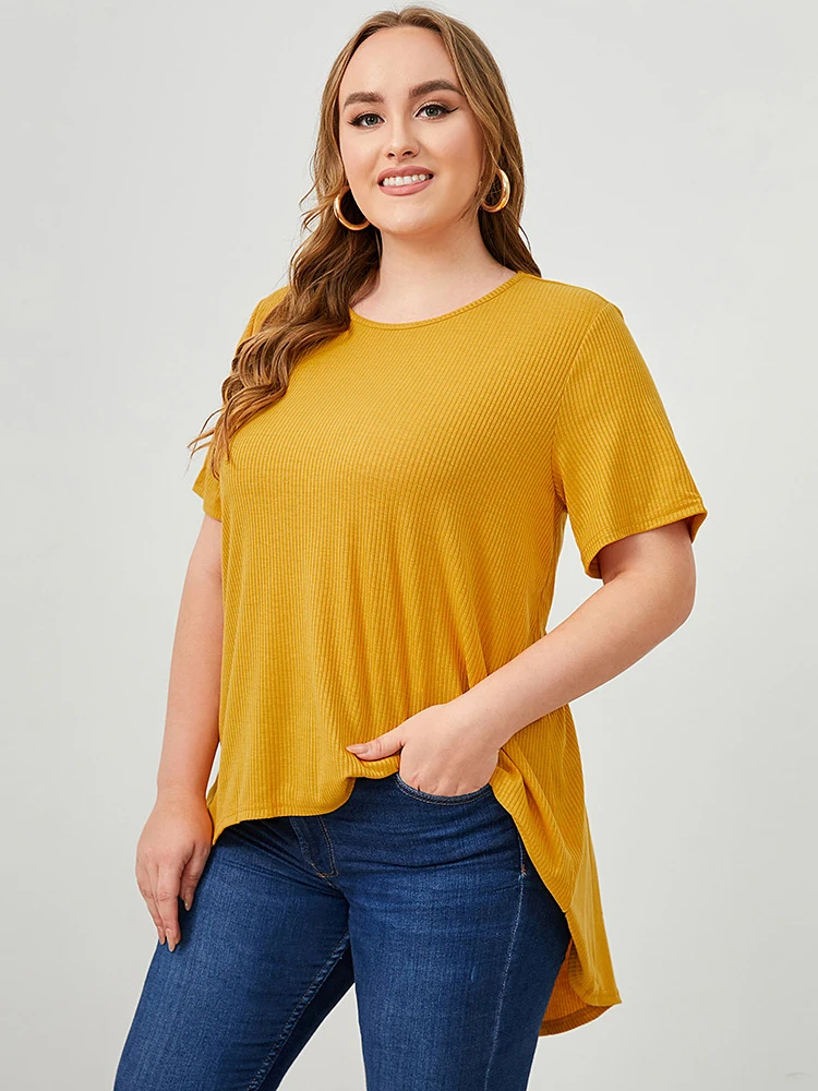 Plus Size Women Blouse Yellow Bowknot O neck Cute Asymmetrical Tunics