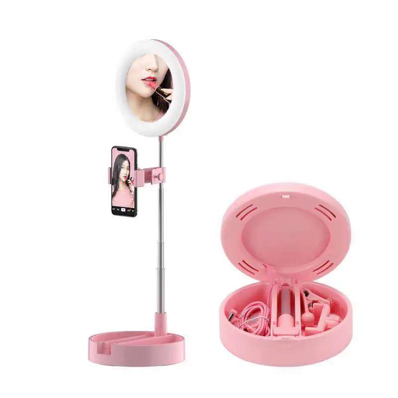 

Christmas gift pink selfie ring light aro led tiktok youtube live broadcast mobile phone holder integrated folding fill Light