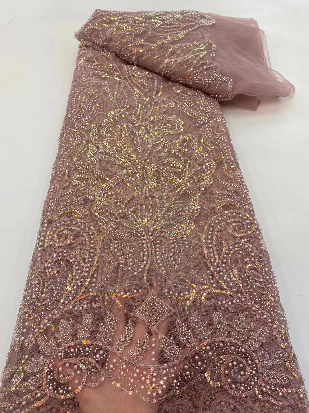 African New Arrival Luxury Sequins 5 Yards Mesh Fabric 2022 French High Quality Handmade Beaded Tulle Lace Women Dinner Dress