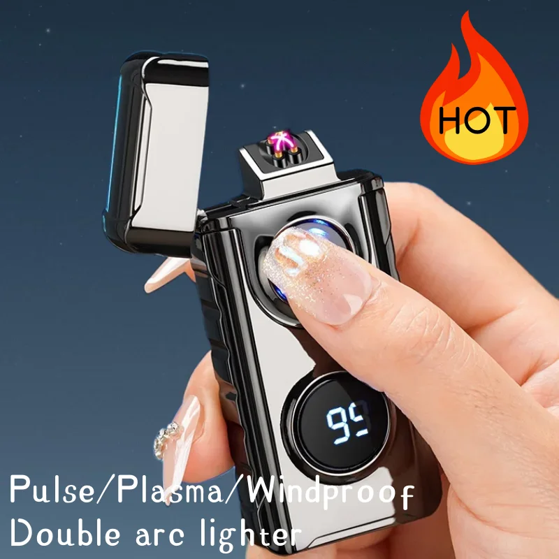 

Hot Metal Windproof Pulse Plasma Double Arc Electric Lighter USB Charging LED Display Flameless Cigar Outdoor Lighter Men's Gift