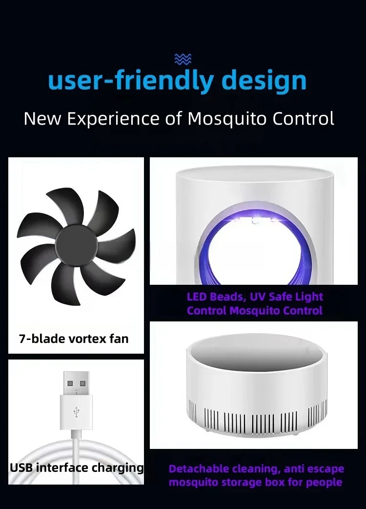 Explore our infographic highlighting the NEW Indoor Electric Mosquito Trap Mosquito Killer Lamp, which includes a USB power supply and adapter, a 7-blade suction fan, LED UV light for effective mosquito control, and a detachable cleaning box. Experience easy usability and enhanced efficiency in indoor insect fly trapping.