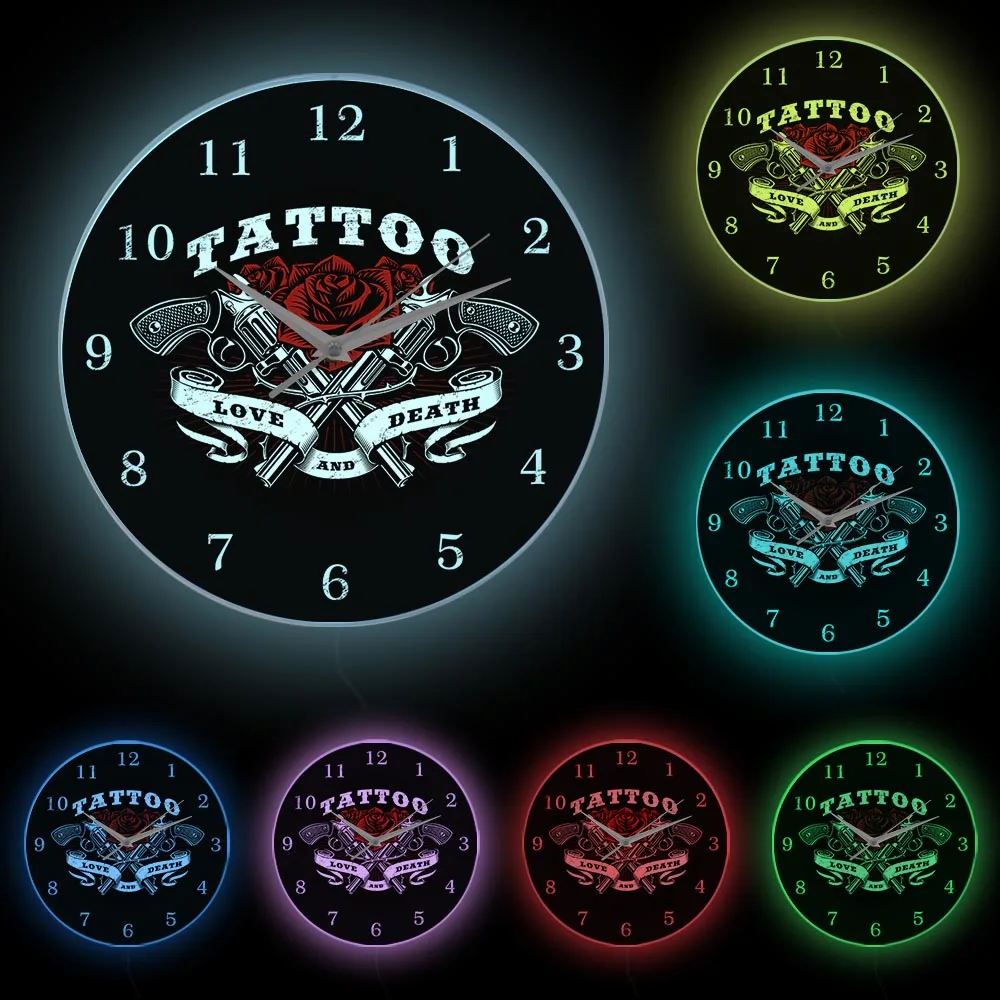 Tattoo Logo Printed Wall Clock Love And Death Rose And Tattoo Guns Wall Clock Tattoo Studio Gothic Decor Art The Tattooist Gift Wall Clocks Aliexpress
