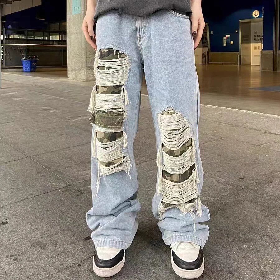 

Y2K Camouflage Hole Distressed Straight Wide Leg Washed Jeans Unisex Elastic Waist Streetwear Baggy Casual Denim Trousers