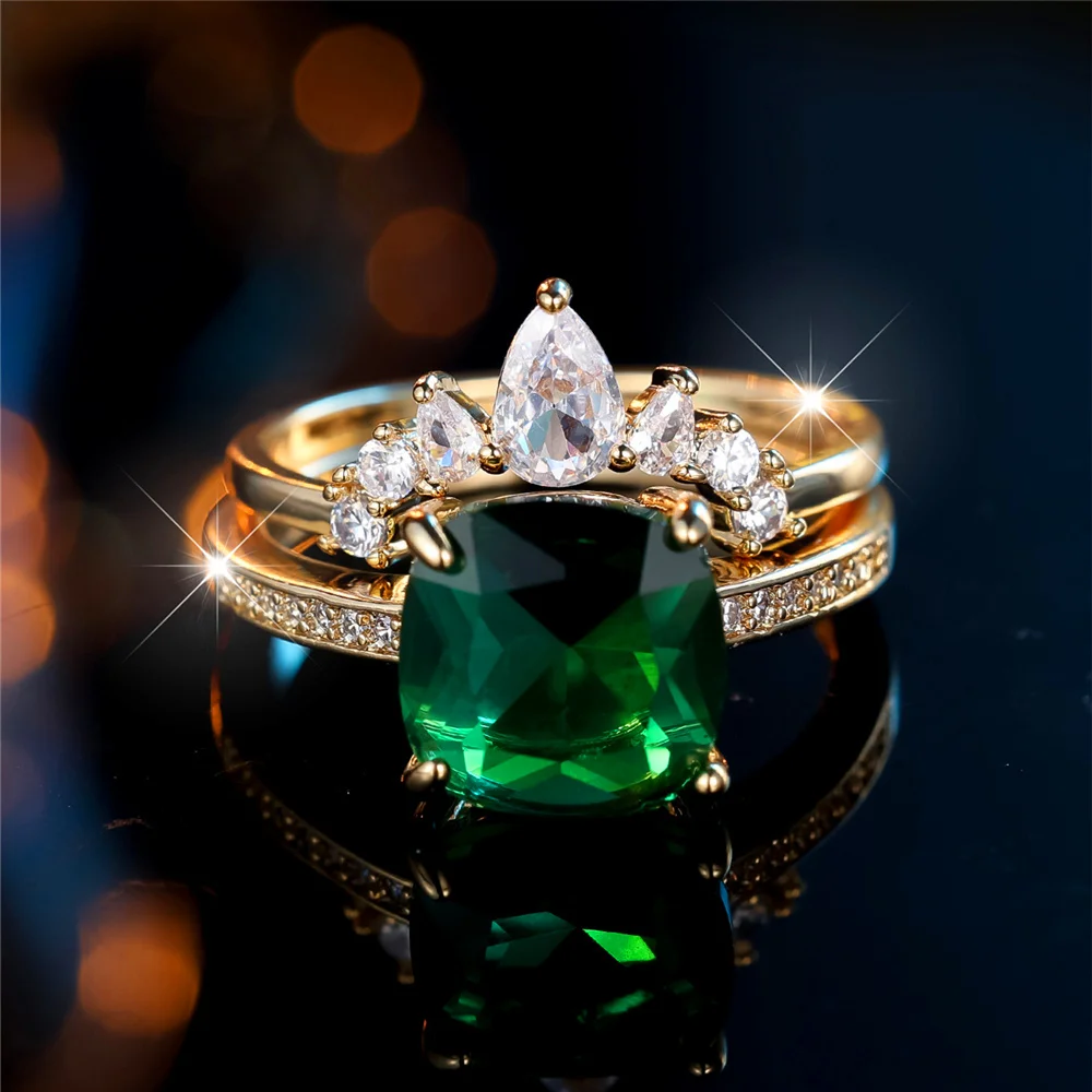 Crystal Female Green White Zircon Square Stone Ring Set Fashion Luxury Gold Color Bridal Wedding Engagement Jewelry For Women