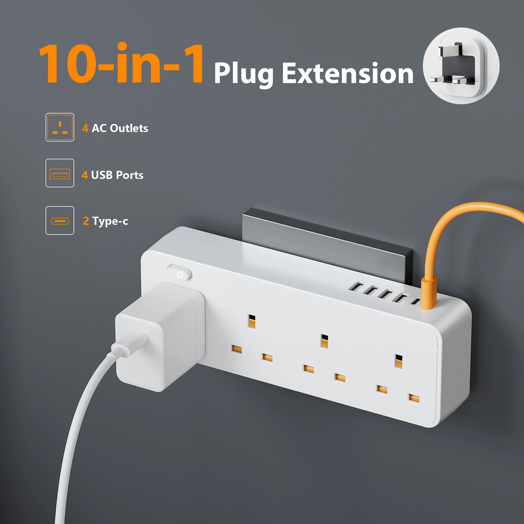 영국 표준 전원 콘센트, 전원 콘센트 서지 보호대, AC 콘센트 4 개, USB 2 타입 C, 데스크탑 충전 스테이션 4 개, 1..