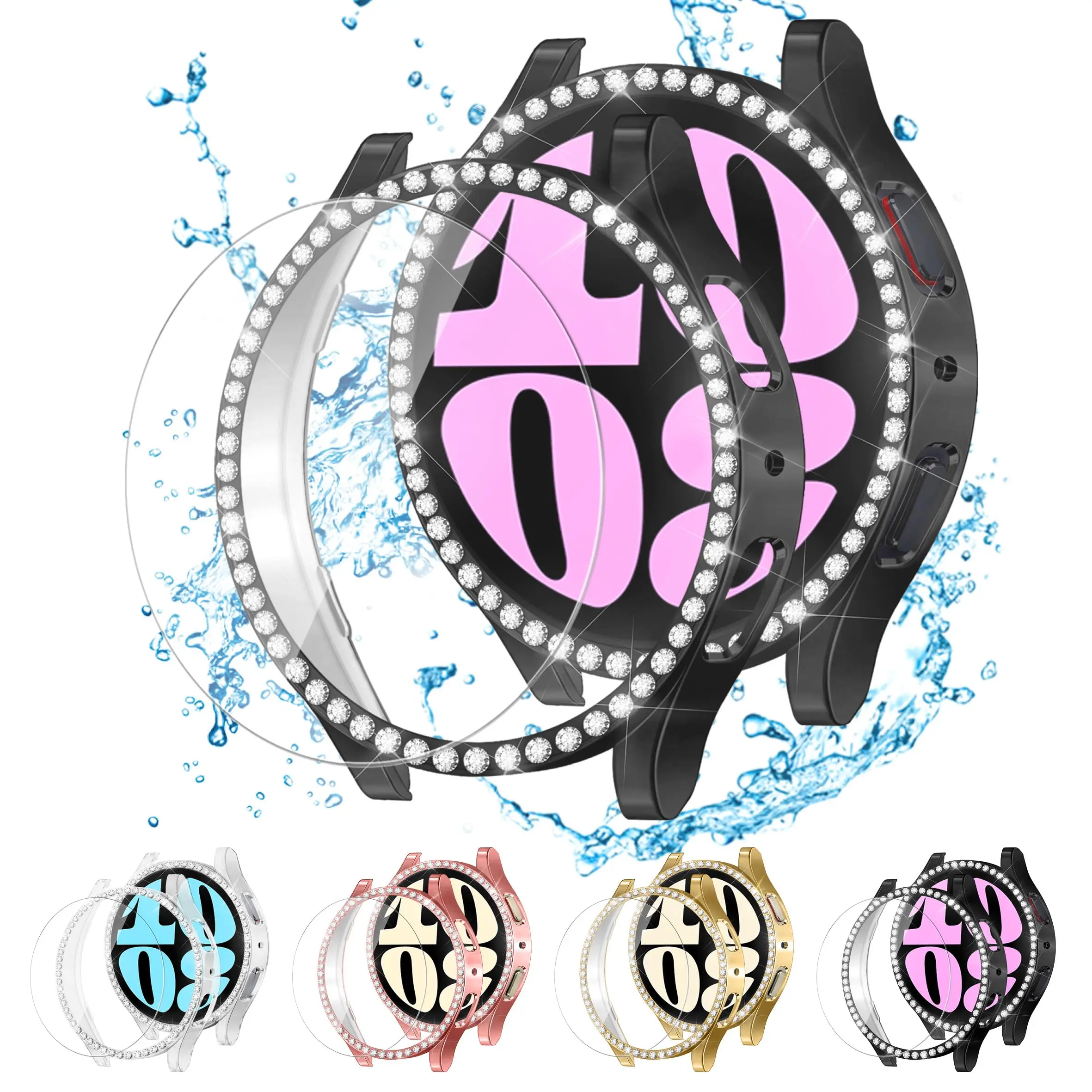 Luxurious Bling Diamond Glass & Case Set for Smartwatch – Shimmering PC Bumper + Screen Protector Accessory for 40mm/44mm