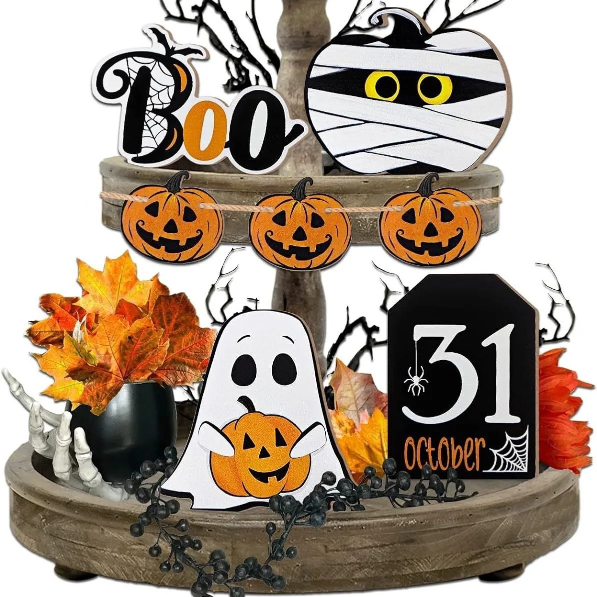 Halloween Wooden Sign Ornaments Wooden Pumpkin Boo Ghost Mummy Halloween Desktop Decoration