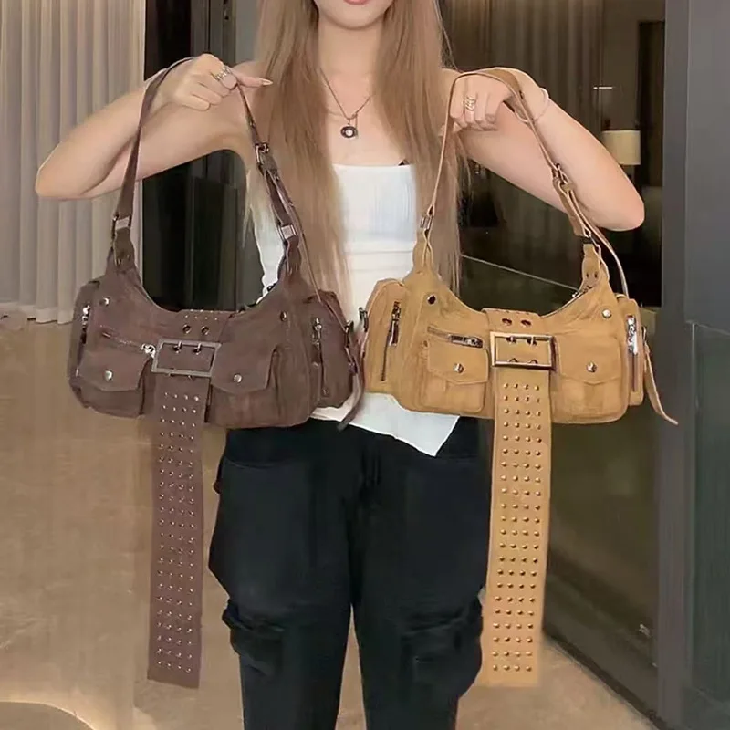 Fashion Retro Women suede Shoulder Bags Cool Punk Rivets Motorcycle Casual Vintage Bag Casual Versatile Crossbody Handbag