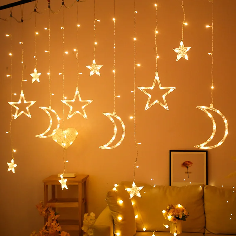 350MM LED Moon Star Curtain Light Fairy String Lights Christmas Garland Home Outdoor Garden Holiday Party Wedding Decoration 14inch 350mm steering wheel suede leather red stitched steering wheel light deep racing steering wheel aluminum frame