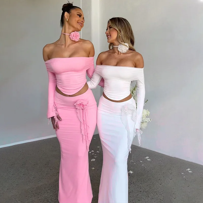 

Gtpdpllt Off Shoulder Sexy Mesh Ruched Dress Sets Outfits For Women Matching Sets Club Party Floral Applique 2 Piece Sets