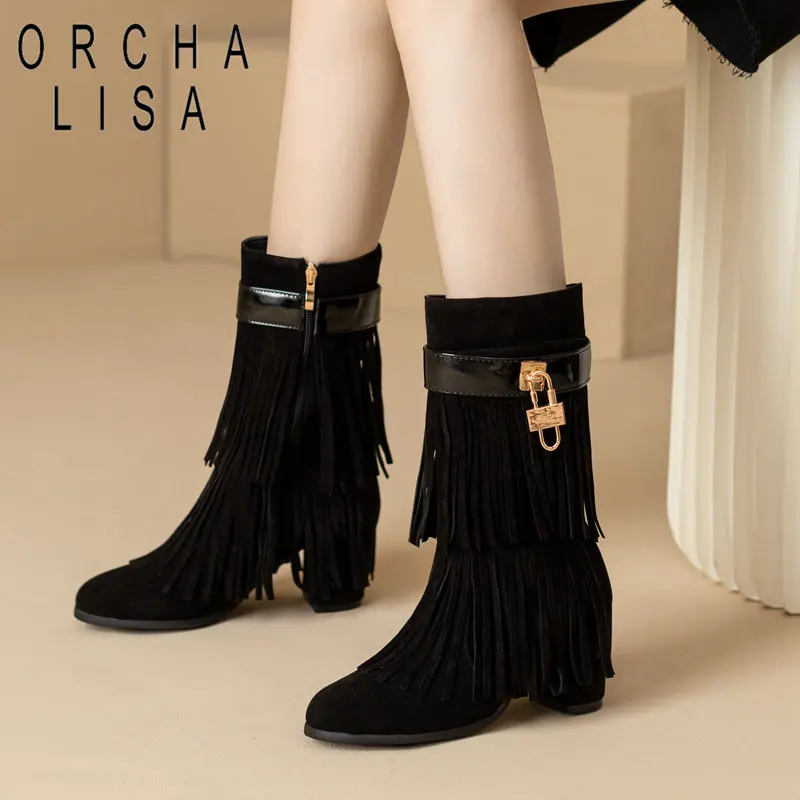 

ORCHA LISA Fashion Female Boots Round Toe Block Heels 7.5cm Zipper Tassels Metal Decoration Big Size 49 50 Women Dating Booties