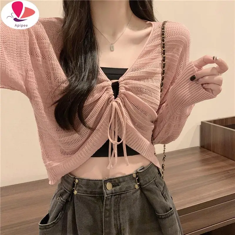 

APIPEE Autumn Solid Color Slim Cardigan Woman Sweet Ladies Hollow Out Cardigan Pink White Green Black Knitted Cardigan Women