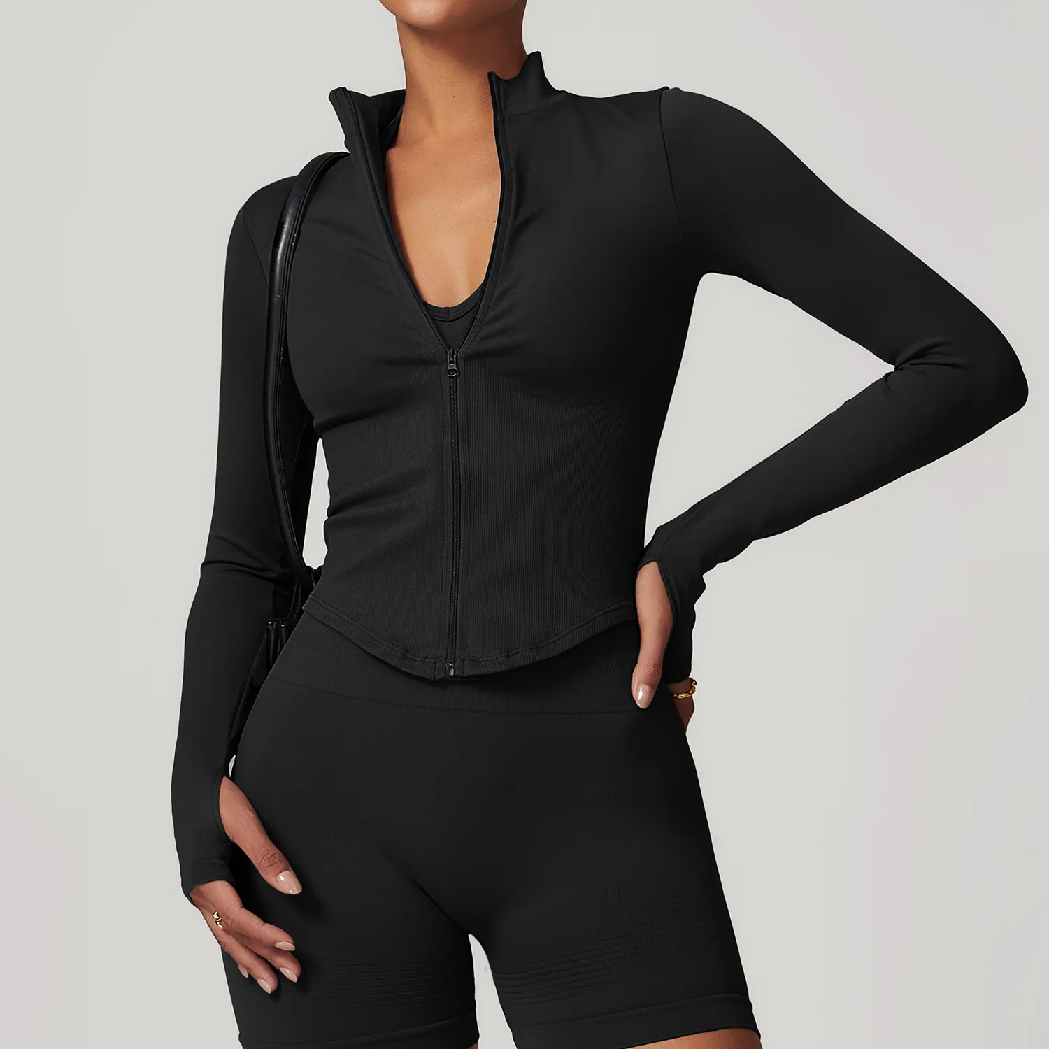 Yoga Jacket Yoga Shirts Women Seamless Zipper Jacket Yoga Long Sleeved Gym Top Ribbed Yoga Stand Collar Jacket Running Workout Sport Coat Women's Shirts