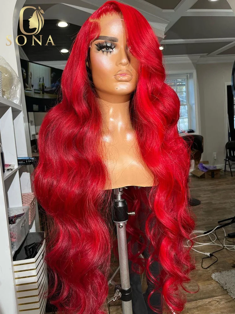 Onda reta do corpo humano peruca de cabelo, pré arrancado, colorido, HD transparente peruca frontal do laço, vermelho quente, 13x6, 32 