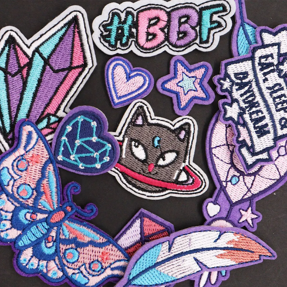 12Pcs Heart Cat Star Eat Sleep Daydream Feather Diamond Butterfly Iron On Patch Per Abbigliamento Sticker Sew On Ricamo Patch