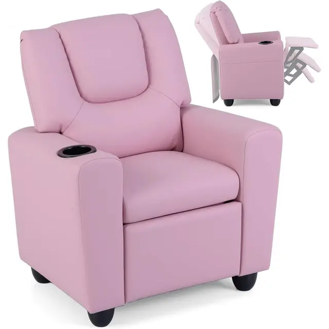 Toddler Recliner Chair with Cup Holder, Adjustable Lounger for Kids, Pink Ergonomic Furniture for Ages 3+