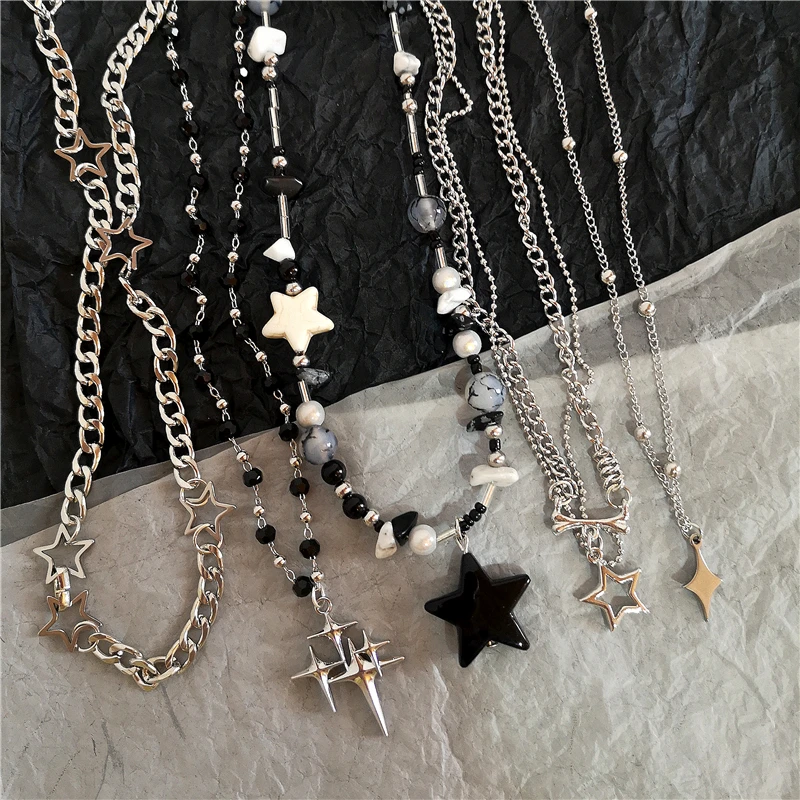 Kpop Goth Vintage Cool Y2K Star Pendant Beaded Silver Color Chain Necklace  For Women Men Aesthetic Grunge EMO Jewely Accessory