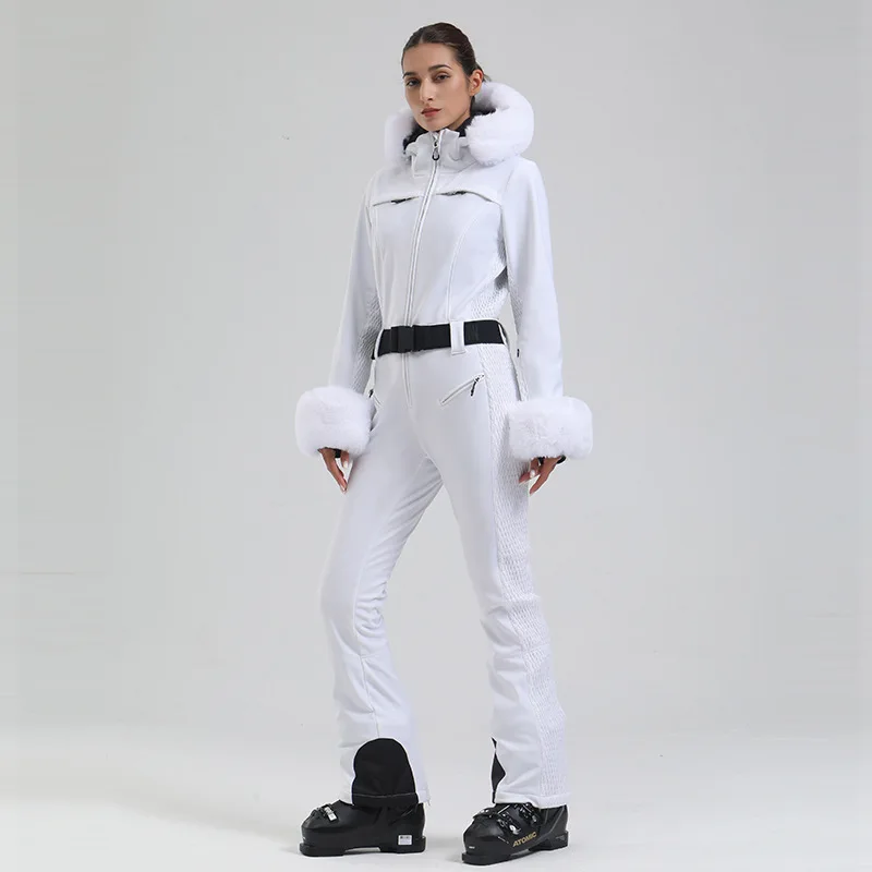 GSOU SNOW Ski Suit Women One Piece Snowsuit Slim Ski Jumpsuit Faux Fur Snowboard Waterproof Windproof Insulated Warm Hooded