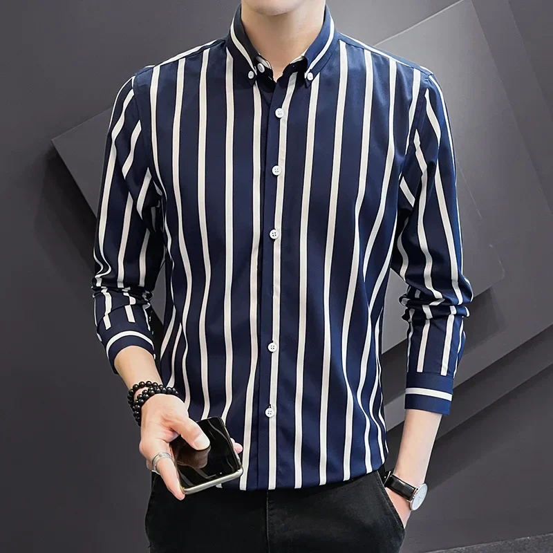 

Spring Autumn Men's Square Neck Long Sleeve Vertical Striped Shirt Oversized Fashion Business Casual Handsome Slim Fit Shirt